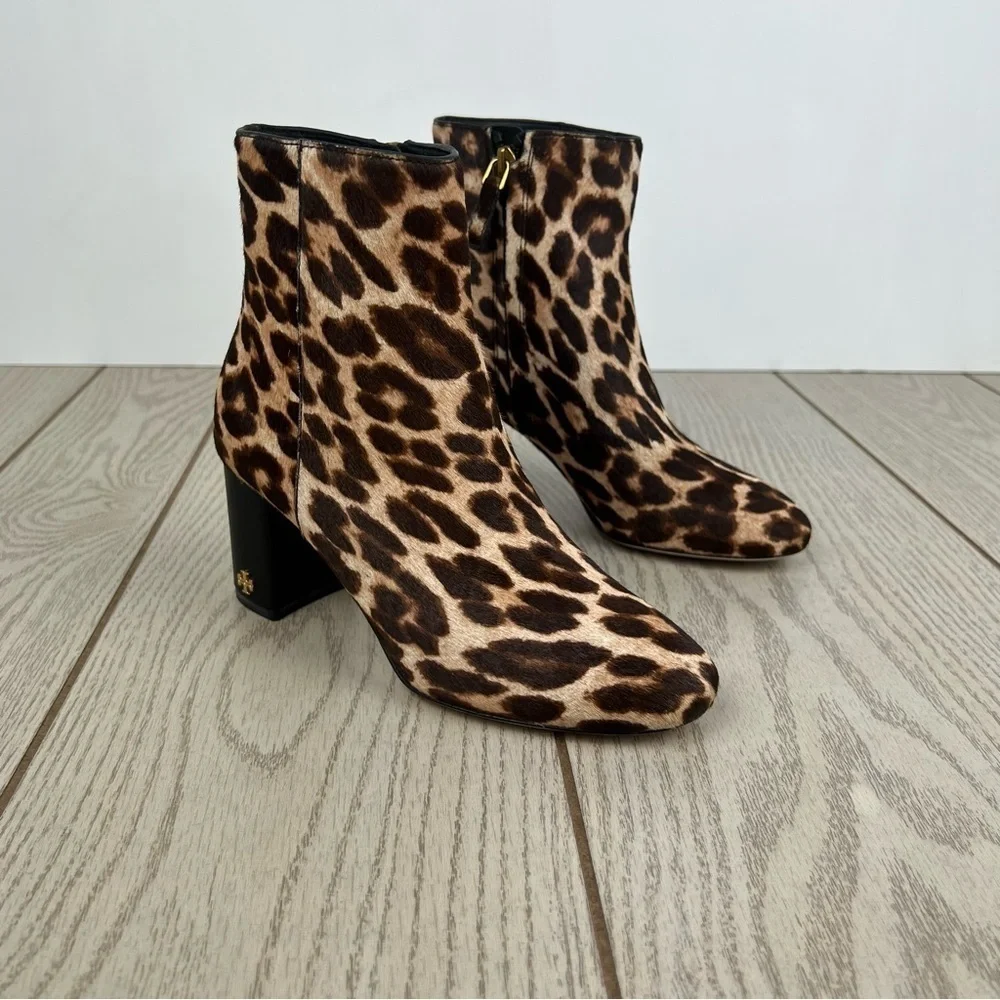 Tory Burch Brooke Leopard Calf Hair Ankle Heeled Booties 5 Brown/Tan/Black $398